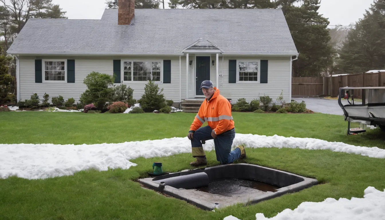 A friendly provider checking a septic tank lid in a home yard near Clifton